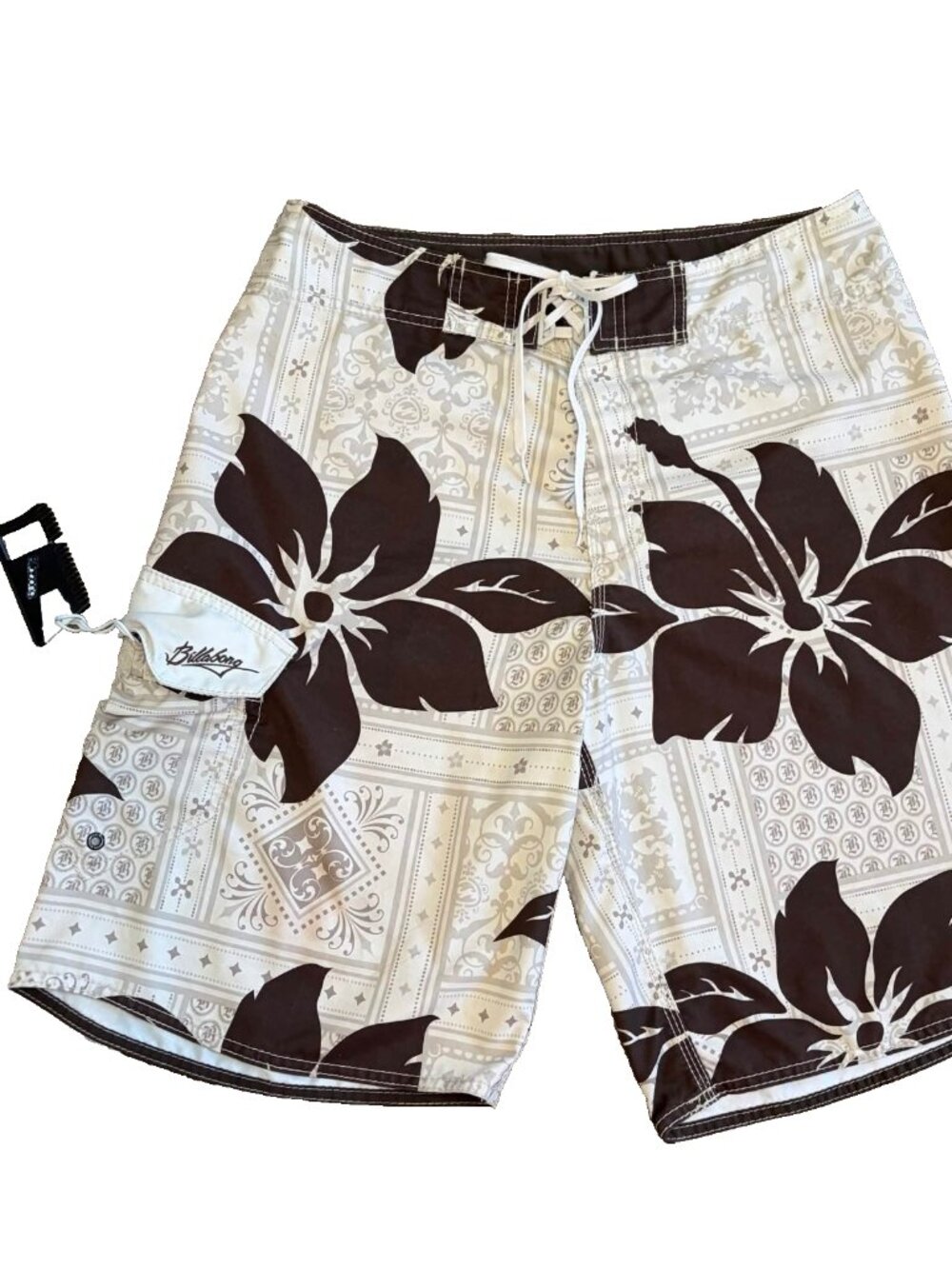 VTG Billabong Board Shorts Size 34 Y2K Hibiscus Floral Brown + Wax Comb